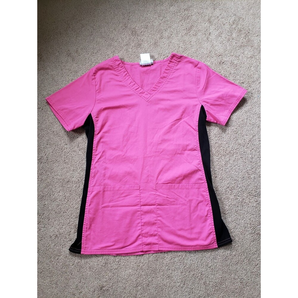 Scrubstar Women's Scrub Top Size XS Shocking Pink Black Stretch Side Panels